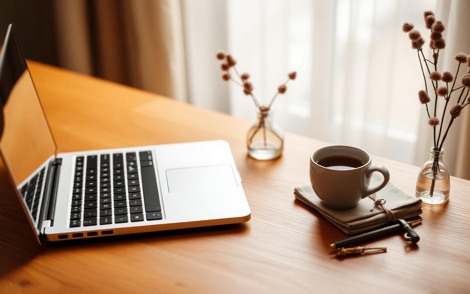 Atendimento online — ambiente calmo com notebook e xícara de chá